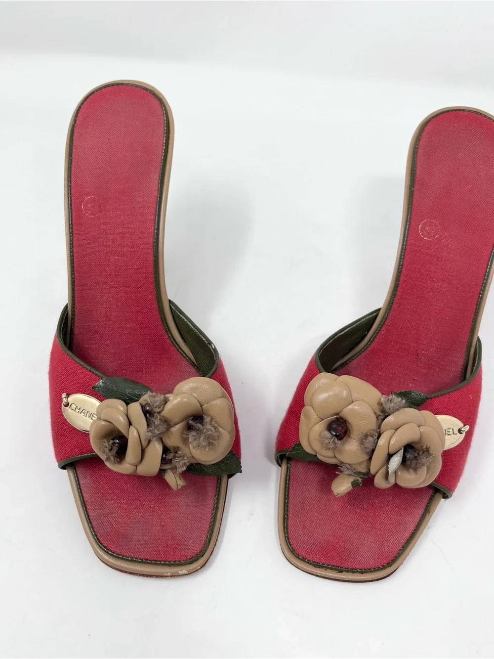 Vintage Chanel Camellia Mule Heel Sandal Red Canvas Chanel Logo Y2K size 36.5